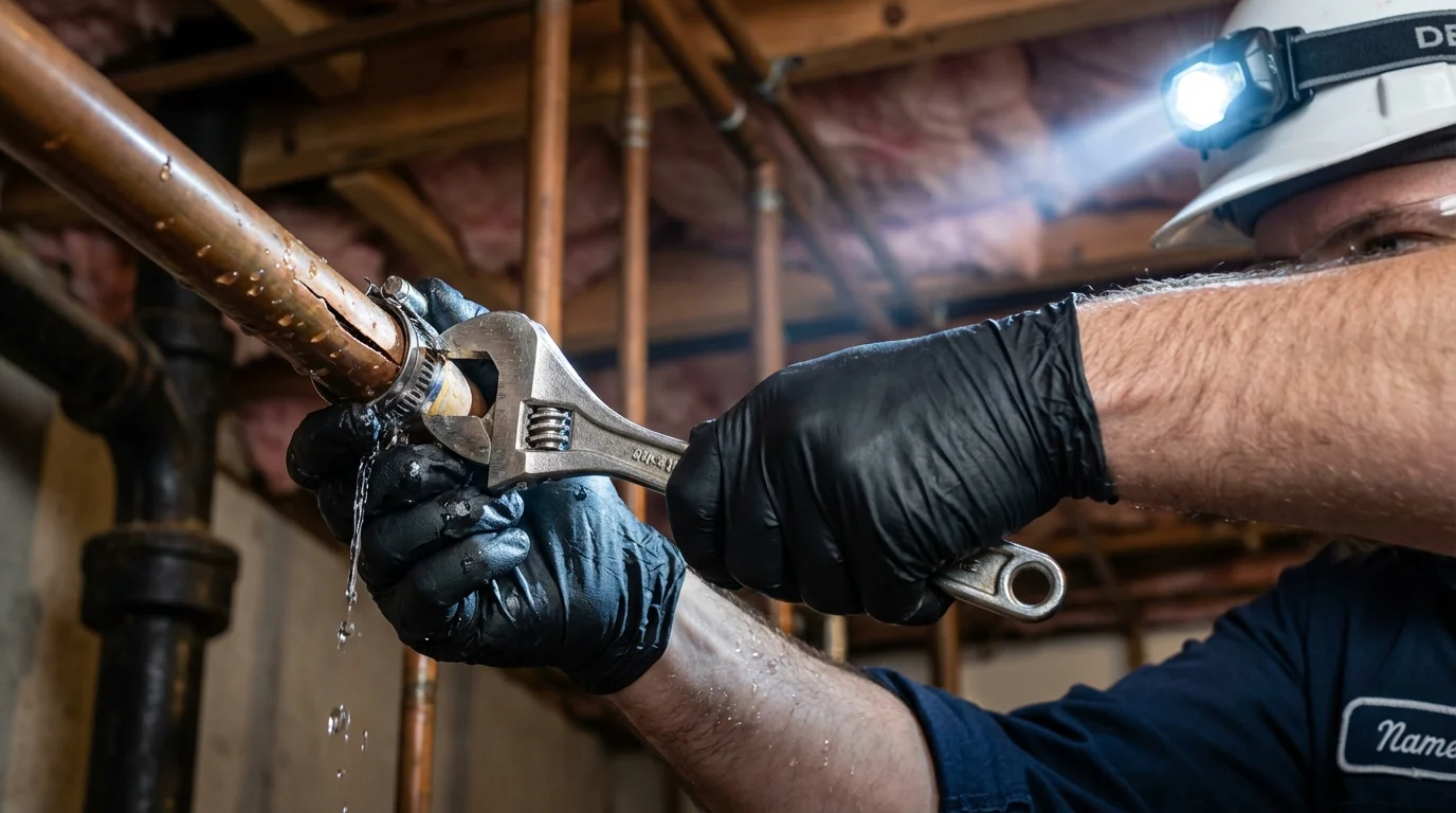 Emergency pipe clamp repair being performed by a Johns Plumbing LLC plumber in Milo