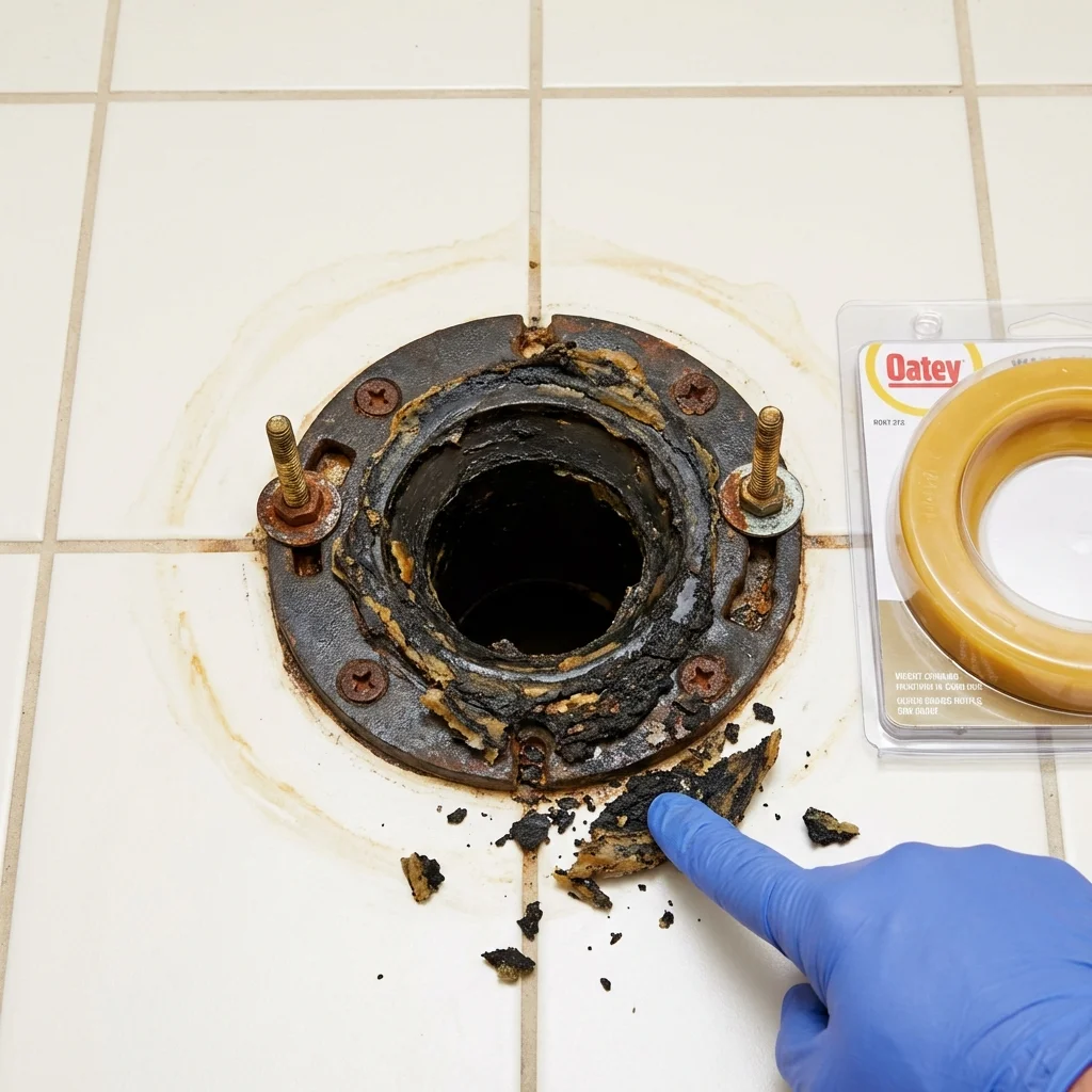 Failed wax ring showing water seepage at the base of a toilet in a Milo, ME home