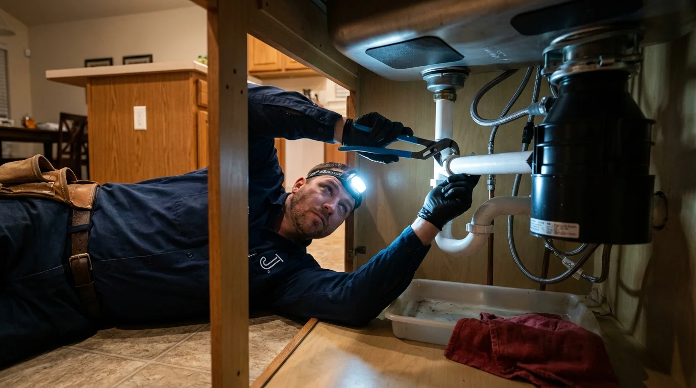 P-trap and supply line connections under a kitchen sink showing a common leak point in Milo, ME